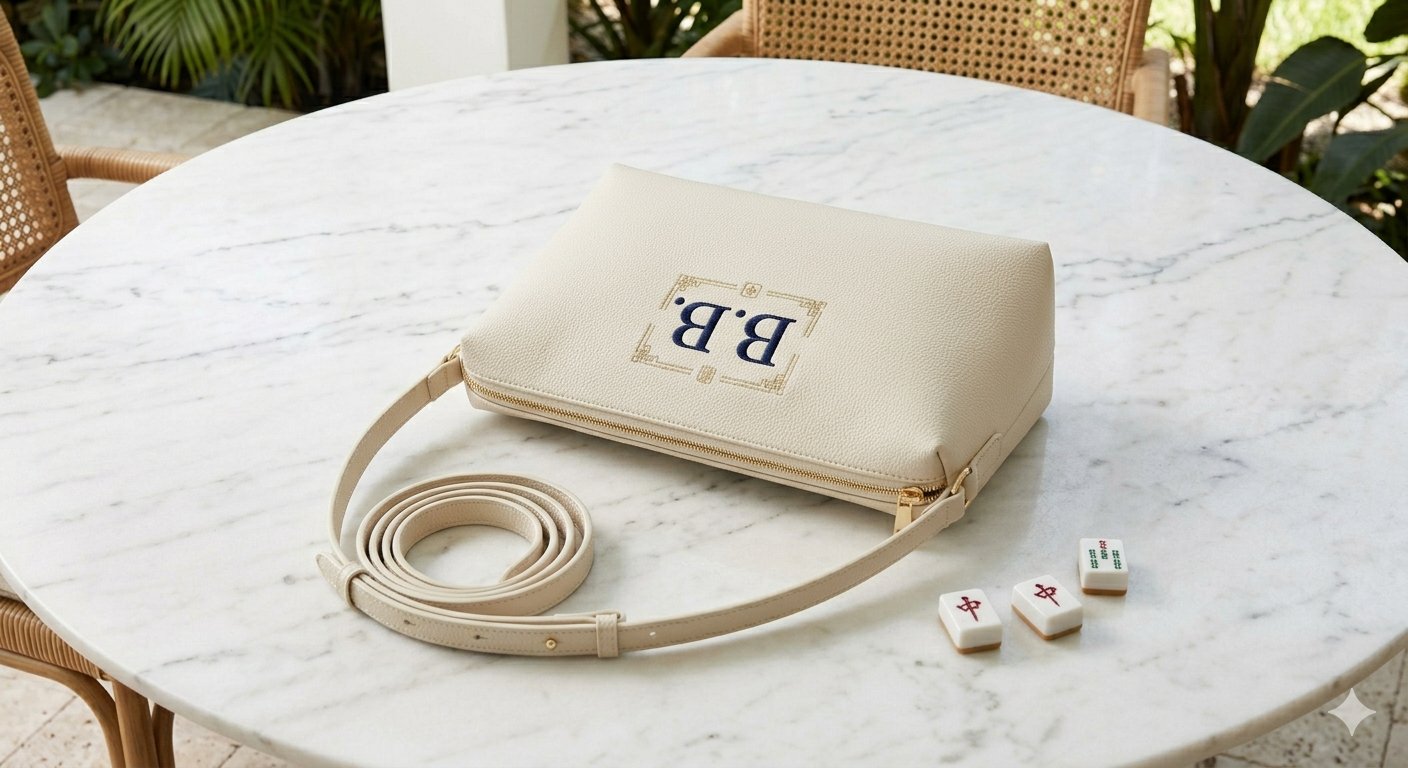 Monogrammed vegan leather Mah Jongg tile tote in navy and gold