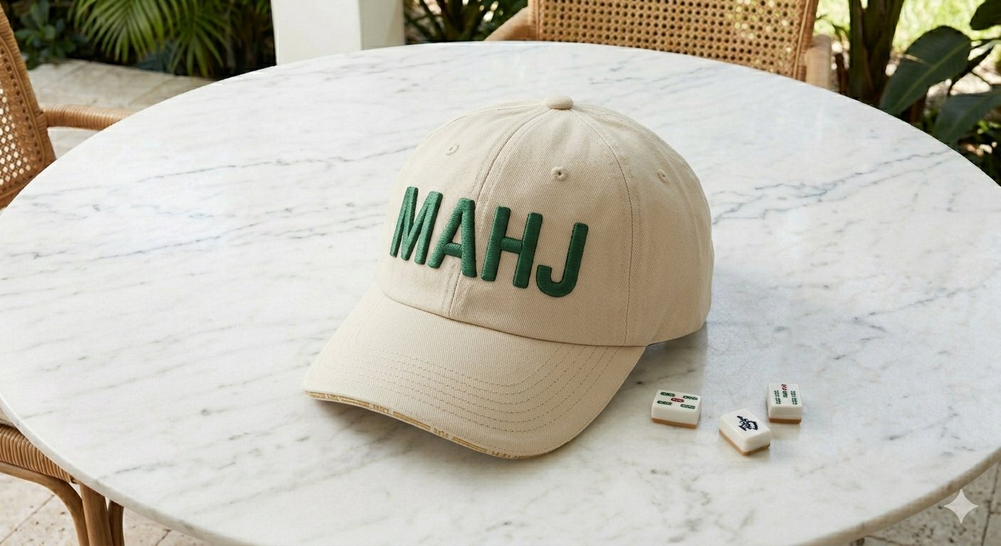 Khaki cotton twill cap with bold embroidered MAHJ lettering