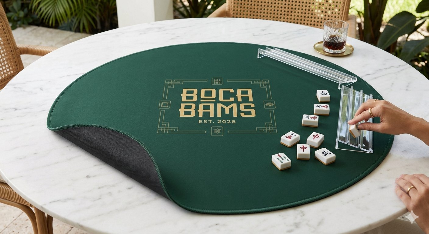 Custom branded neoprene Mah Jongg mat in forest green with gold club logo