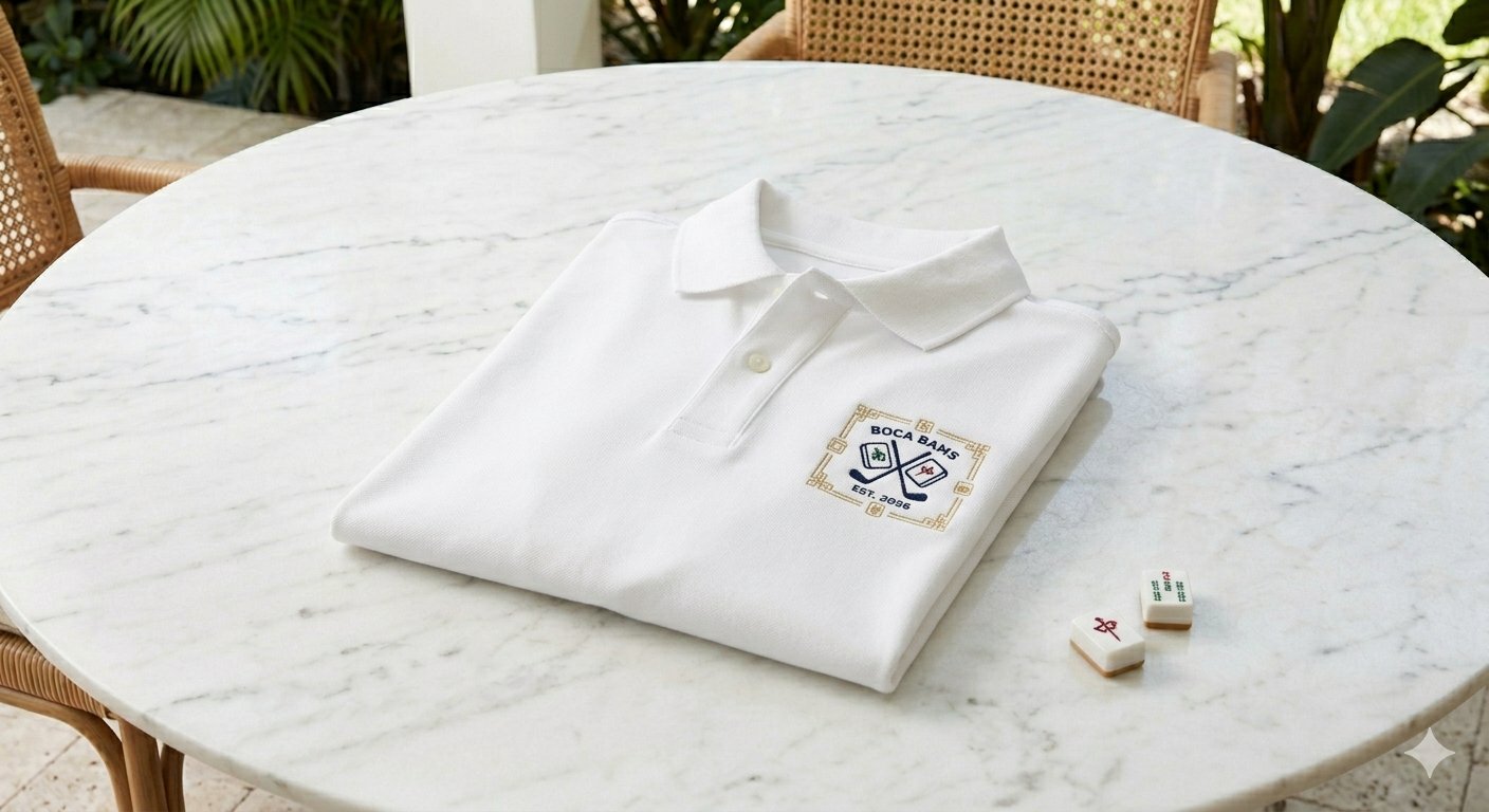 White pima cotton polo with embroidered Mah Jongg club crest